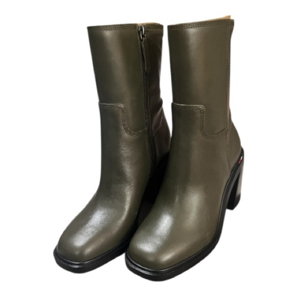 Franco Sarto Penelope Olive Green Mid Calf Leather Chunky Heel Bootie size 5.5